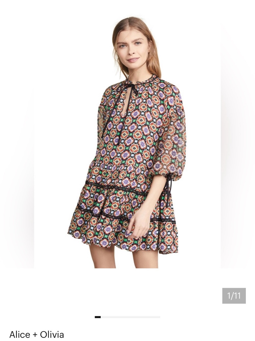 Alice + Olivia Black Multi Floral Tie-Neck Tiered Mini Dress
#26-15